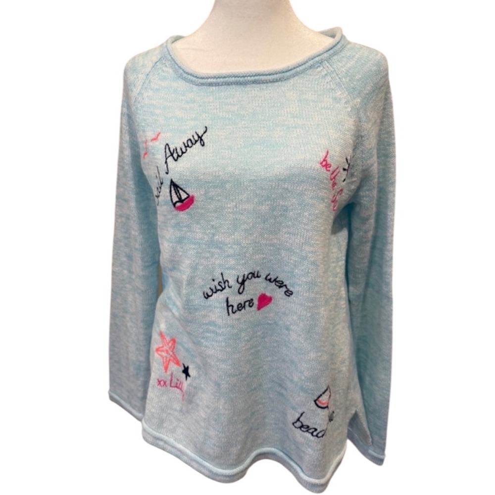 Lilly Pulitzer Daynie Blue Marl Embroidered Nautical Beach Knit Sweater M